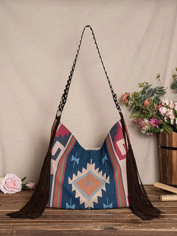 Retro Geometric Print Tassel Felt Ethnic Tote Shoulder Bag