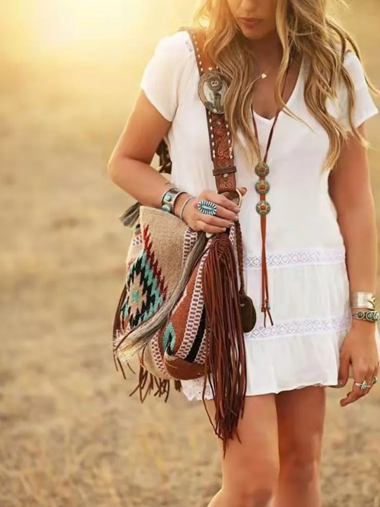 Retro Geometric Print Tassel Felt Ethnic Tote Shoulder Bag