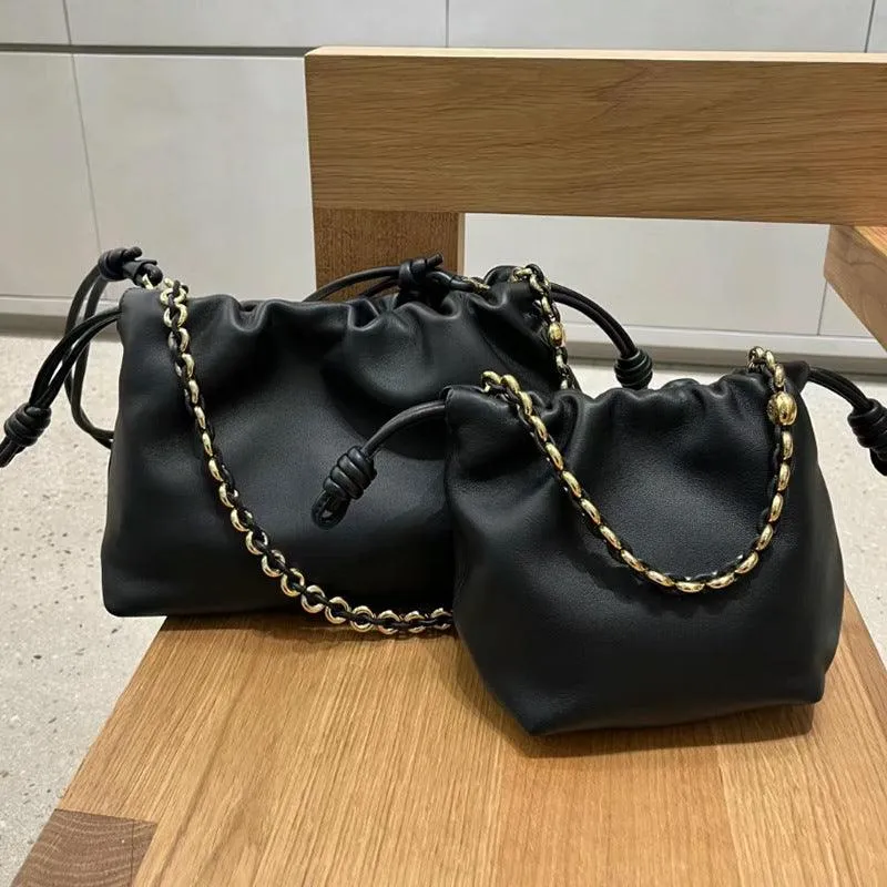 Soft Lambskin Leather Drawstring Cloud Bag | Chain & Knot Shoulder, Crossbody & Handbag for Women