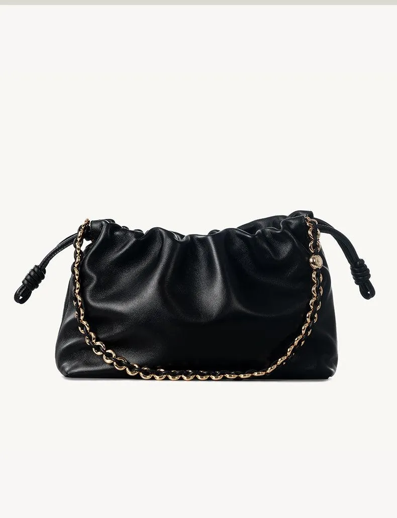 Soft Lambskin Leather Drawstring Cloud Bag | Chain & Knot Shoulder, Crossbody & Handbag for Women