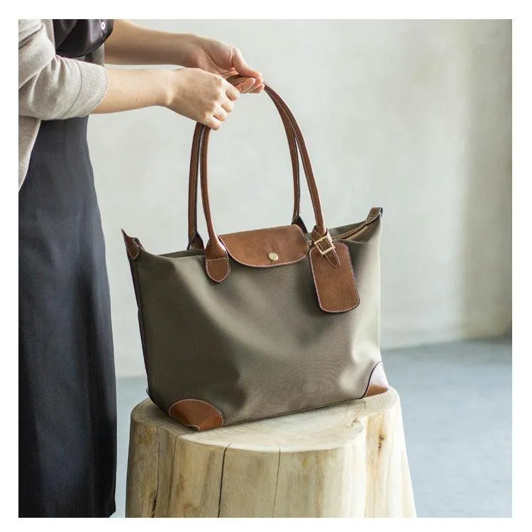 Waterproof Nylon and Cowhide Tote Bag, Handcrafted Women Shoulder Bag, Men Traveling Bag, Laptop Bag, Weekend Bag, Work Commutes Bag