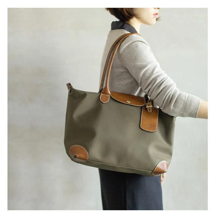 Waterproof Nylon and Cowhide Tote Bag, Handcrafted Women Shoulder Bag, Men Traveling Bag, Laptop Bag, Weekend Bag, Work Commutes Bag