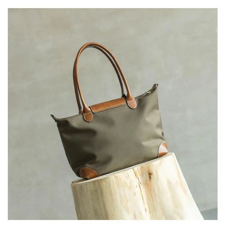 Waterproof Nylon and Cowhide Tote Bag, Handcrafted Women Shoulder Bag, Men Traveling Bag, Laptop Bag, Weekend Bag, Work Commutes Bag