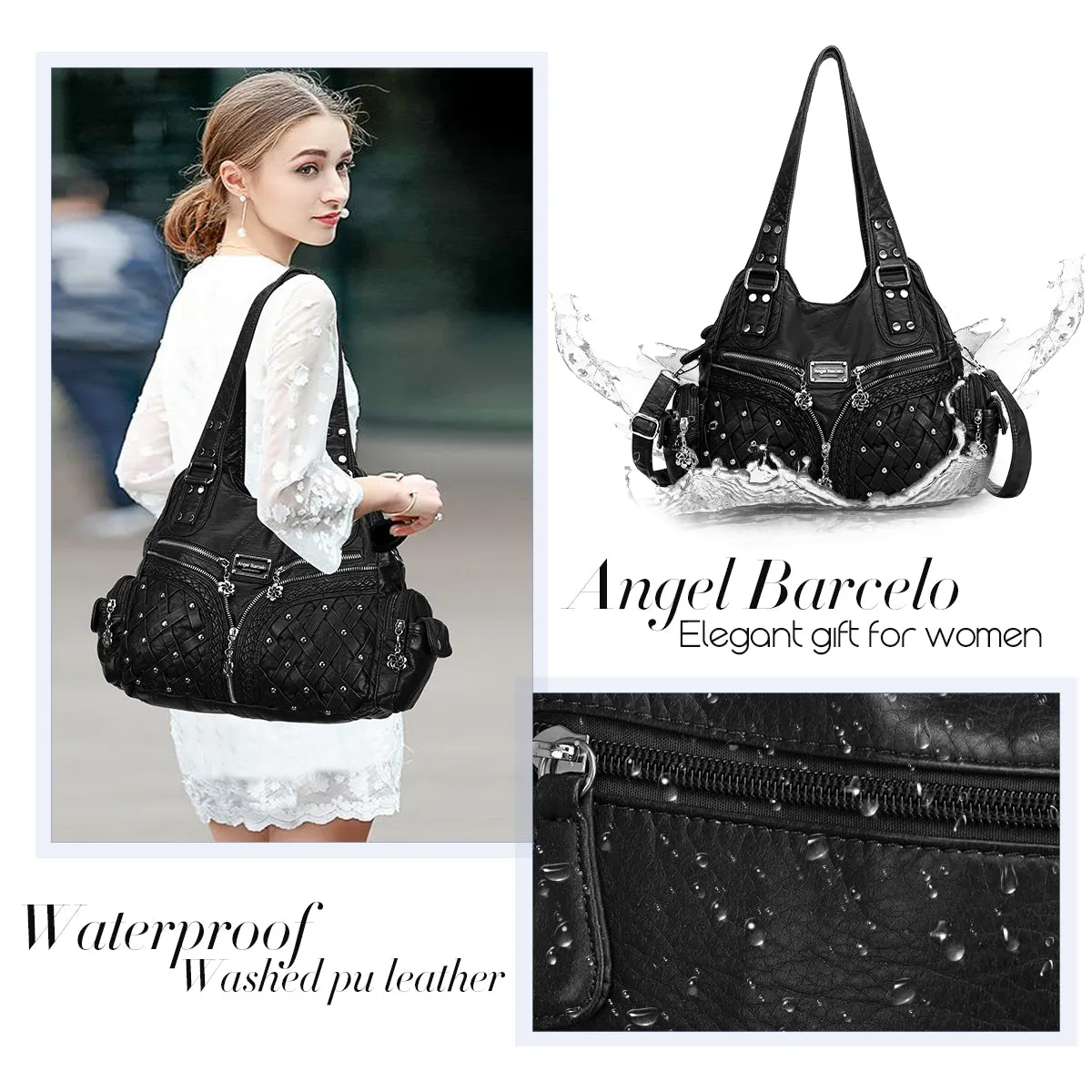 Women Large capacity hobo  Handbag Washed PU Leather