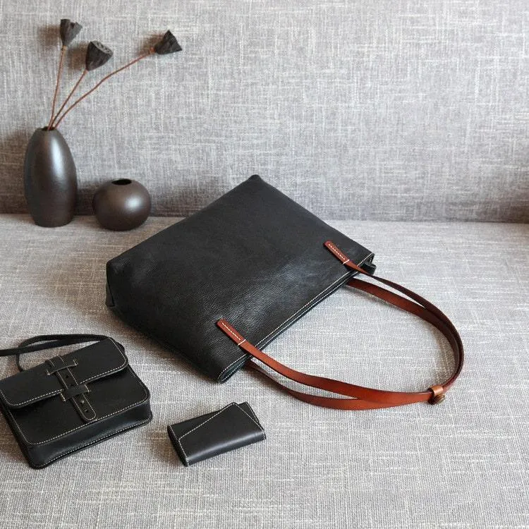 Women Pure Leather Tote Bag | Large Italian Leather Handcrafted Shopper Bag | Spacious Durable | Full Grain Leather | Black Colour