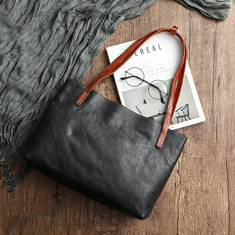 Women Pure Leather Tote Bag | Large Italian Leather Handcrafted Shopper Bag | Spacious Durable | Full Grain Leather | Black Colour